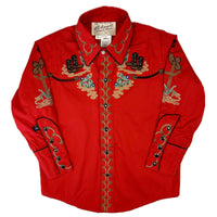 Kid's Red Cactus & Cowboy Boots Embroidered Western Shirt