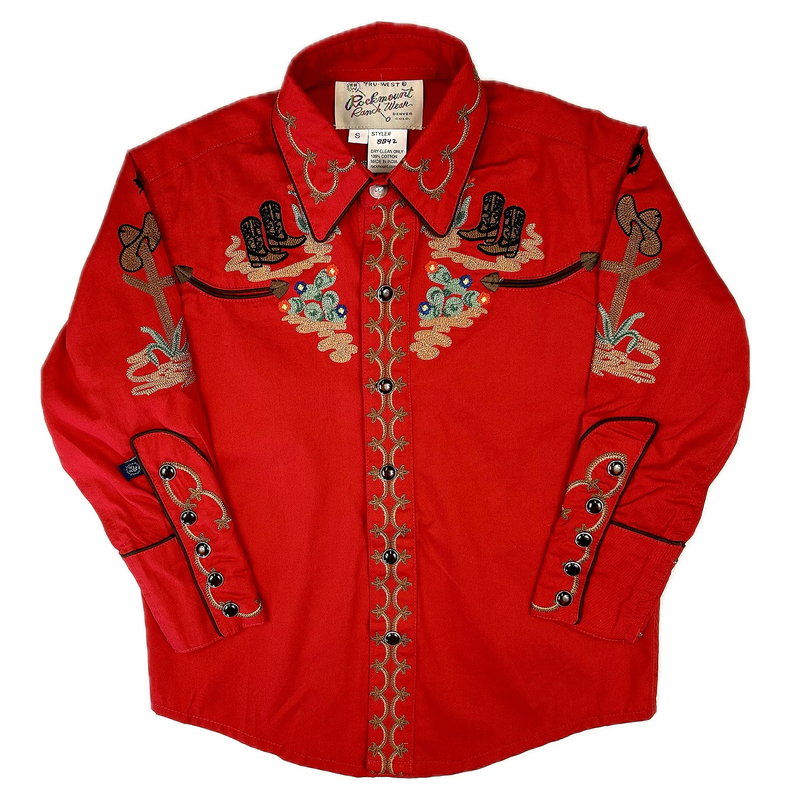 Kid's Red Cactus & Cowboy Boots Embroidered Western Shirt