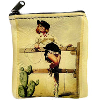 Pin-Up Cowgirl on Fence Leather Western Coin Purse