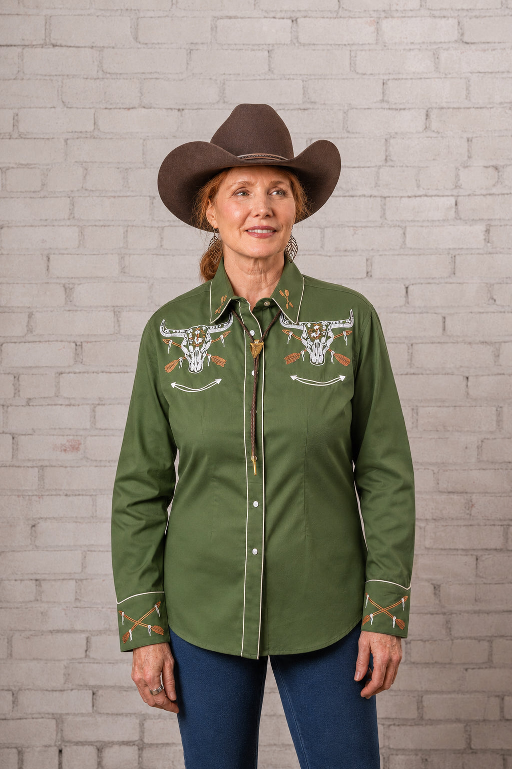 Rockmount Women's Vintage Green Steer Skull & Arrow Chain Stitch