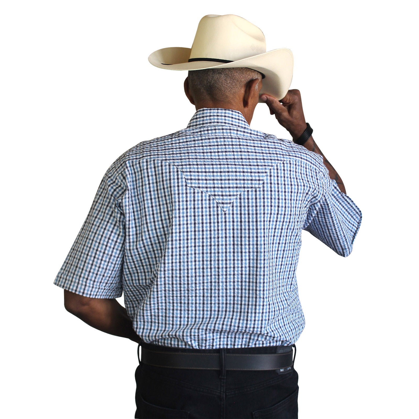 Men's Blue Seersucker Windowpane Check Short Sleeve Western Shirt - Rockmount