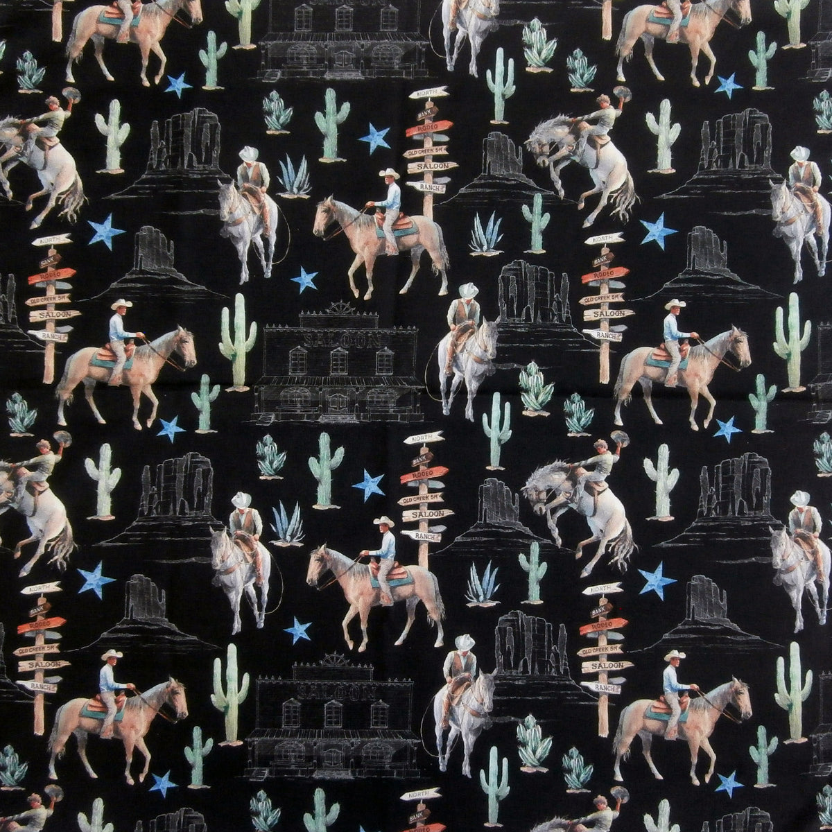 Cowboy Riders & Cactus Western Cotton Bandana in Black - Rockmount