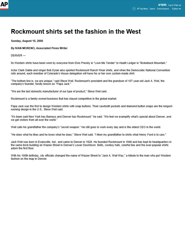 The Associated Press - Rockmount Shirts Set the Fashion in the West