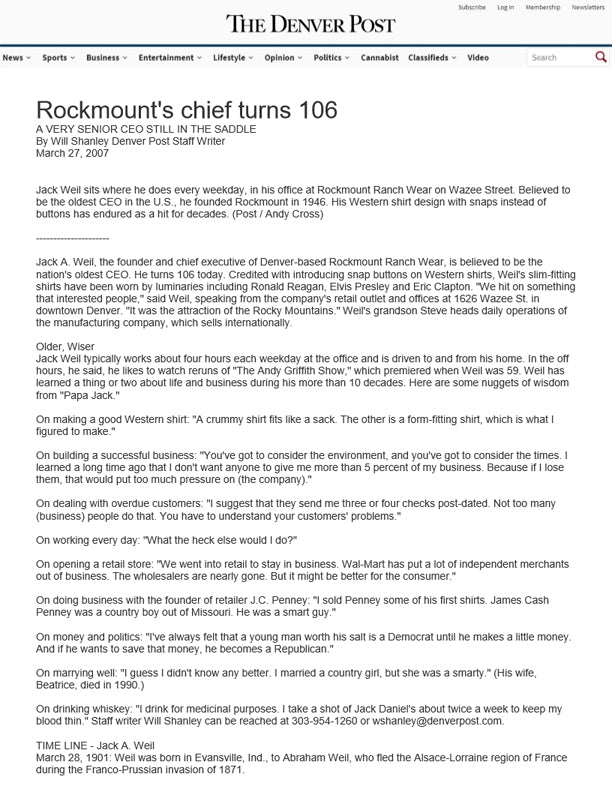 The Denver Post - Rockmount's Chief Turns 106
