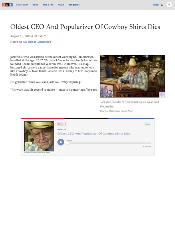 NPR - Oldest CEO and Popularizer of Cowboy Shirts Dies