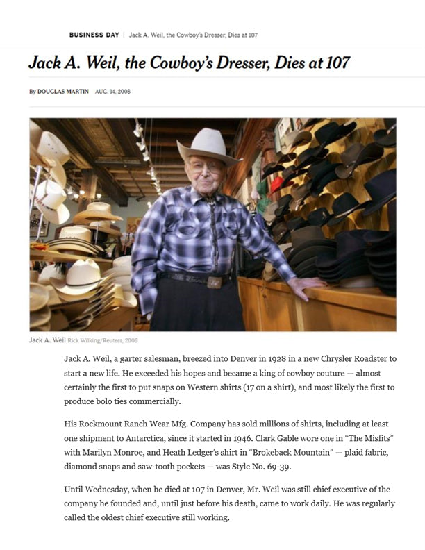 The New York Times - Jack A. Weil, the Cowboy's Dresser, Dies at 107