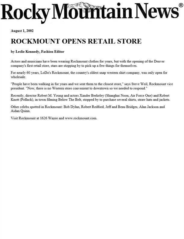 Rocky Mountain News - Rockmount Opens Retail Store