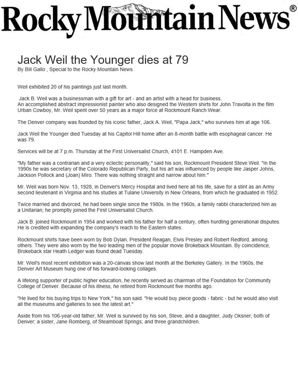 Rocky Mountain News - Jack Weil the Younger Dies at 79