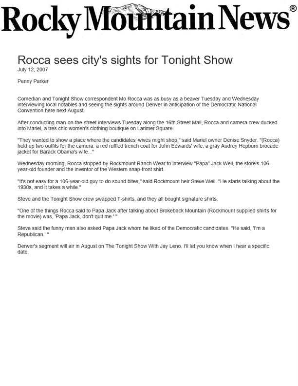 Rocky Mountain News - Rocca Sees City's Sights for Tonight Show