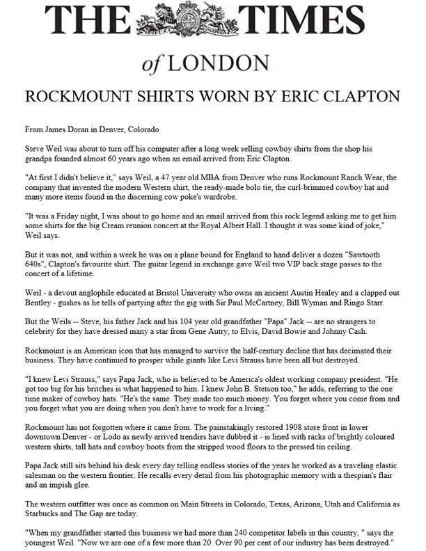 The Times of London - Rockmount Shirts Worn by Eric Clapton
