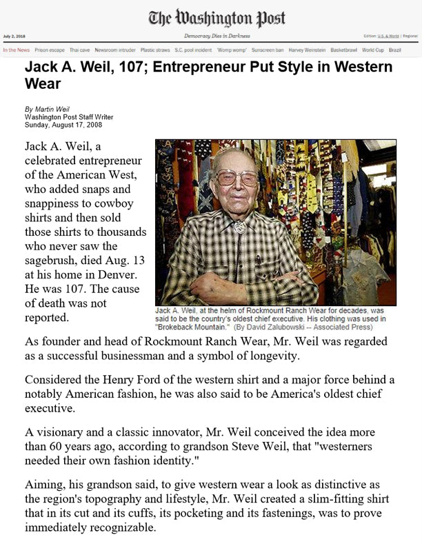 The Washington Post - Jack A. Weil, 107; Entrepreneur Put Style in Western Wear