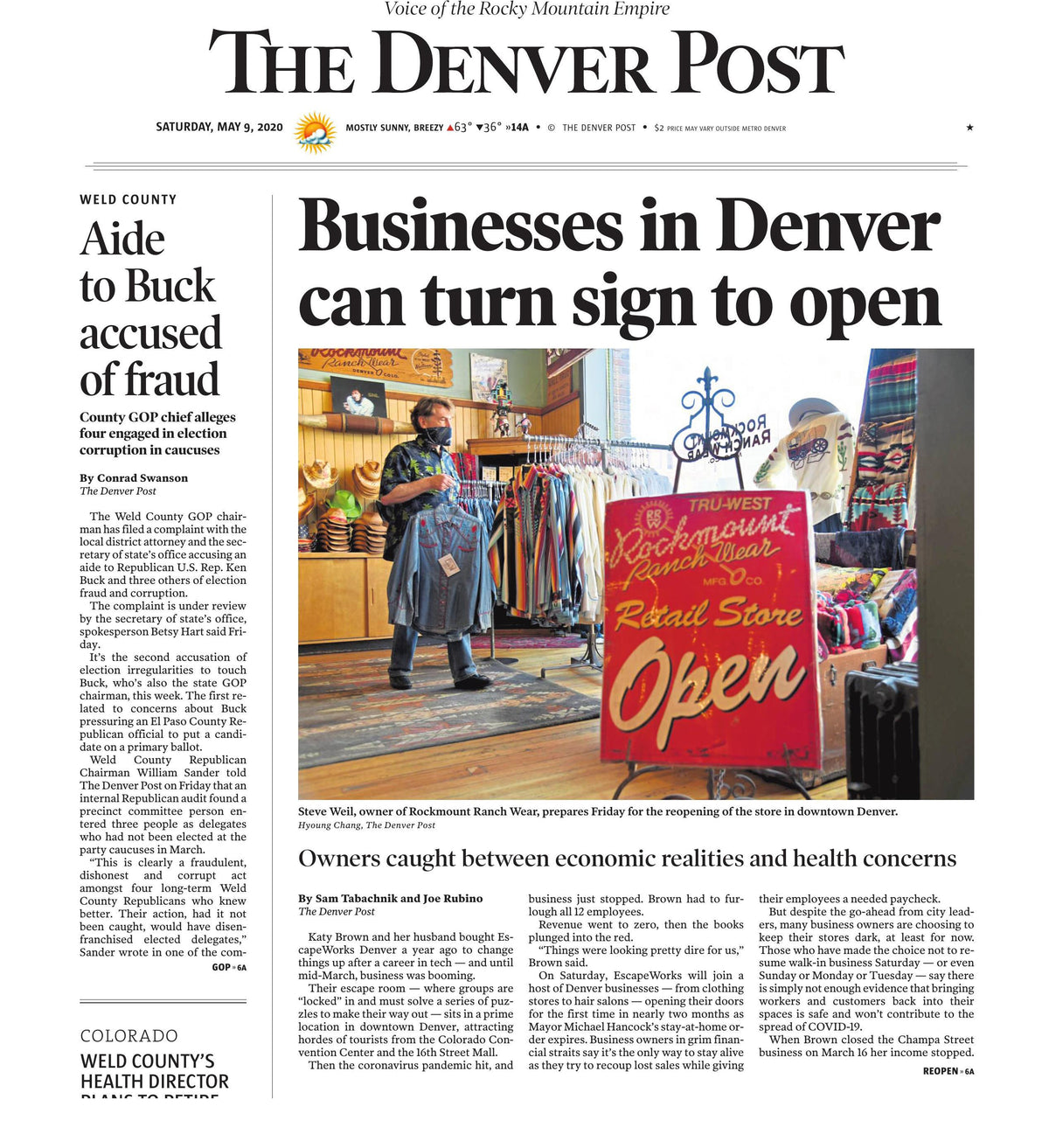 Rockmount on Cover of The Denver Post - Denver Businesses Can Turn Signs to Open