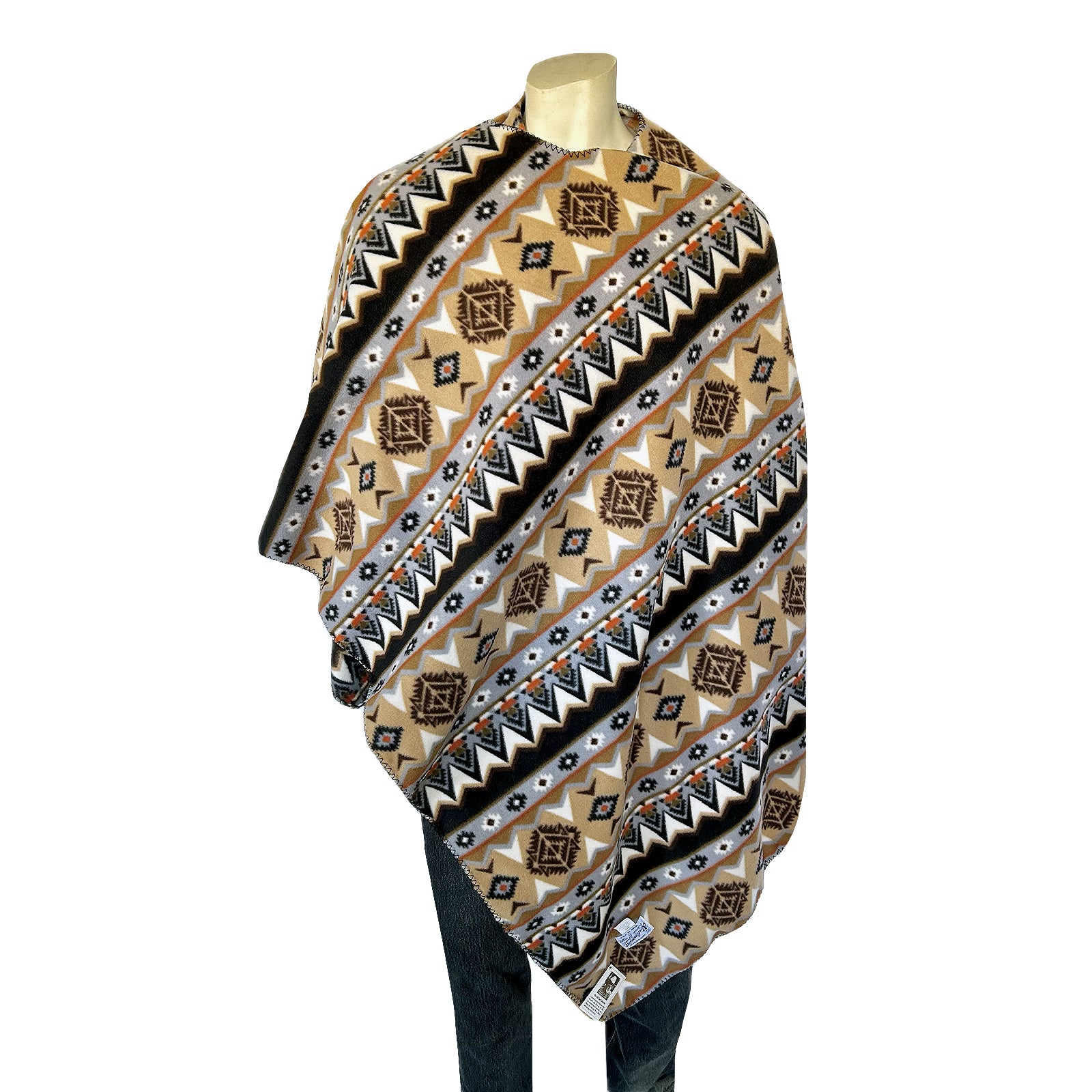 Native Pattern Fleece Western Poncho in Tan & Black