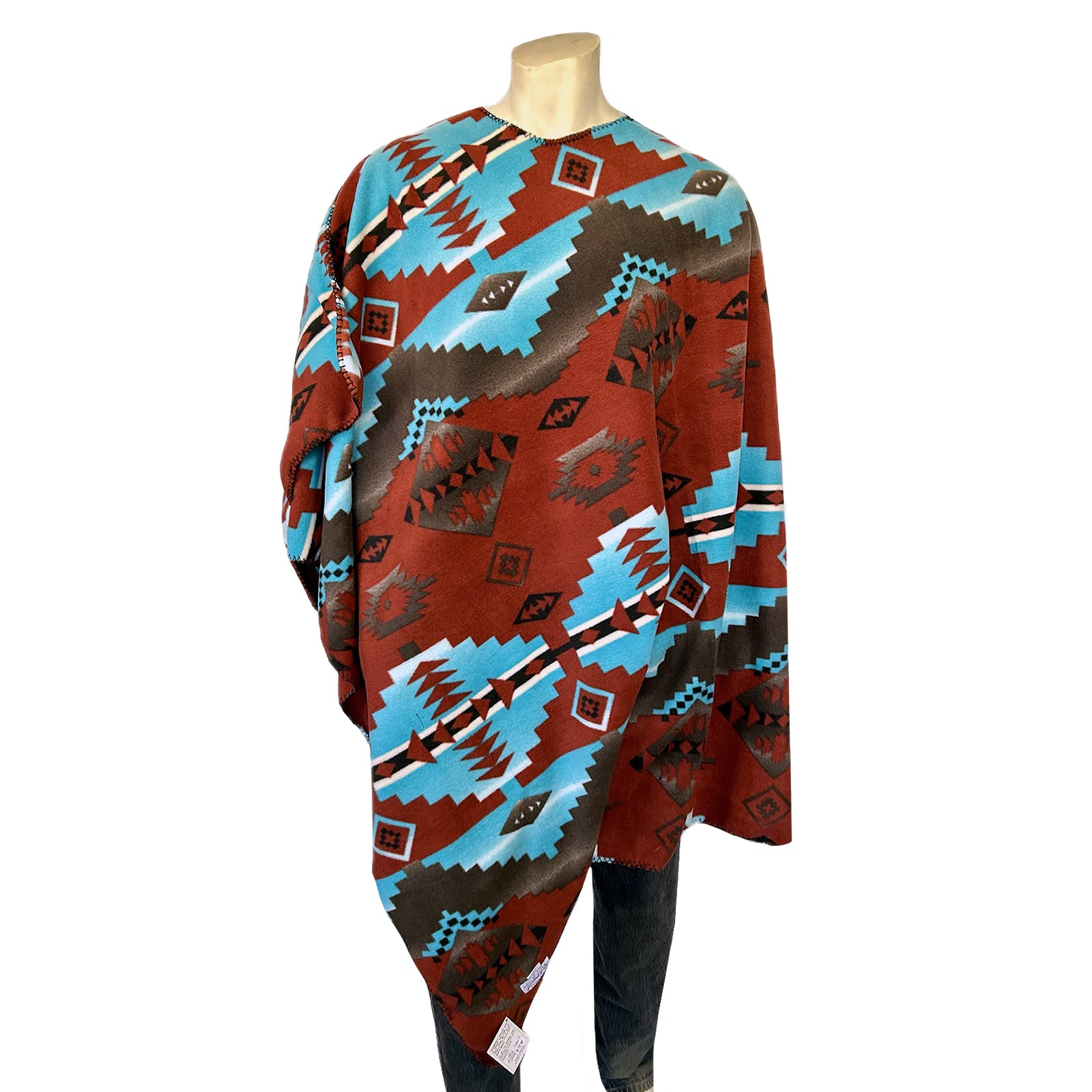 Native Pattern Fleece Western Poncho in Rust & Turquoise