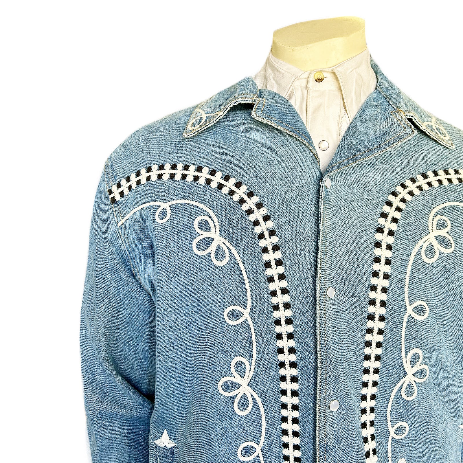 Men's Vintage Western Denim Bolero Jacket with White Rope Embroidery