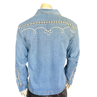 Men's Vintage Western Denim Bolero Jacket with White Rope Embroidery