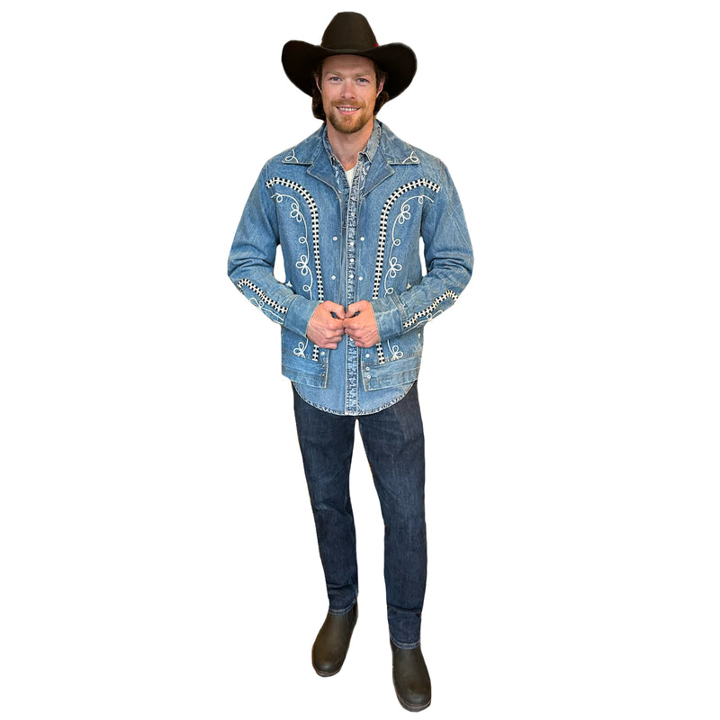 Men's Vintage Western Denim Bolero Jacket with White Rope Embroidery