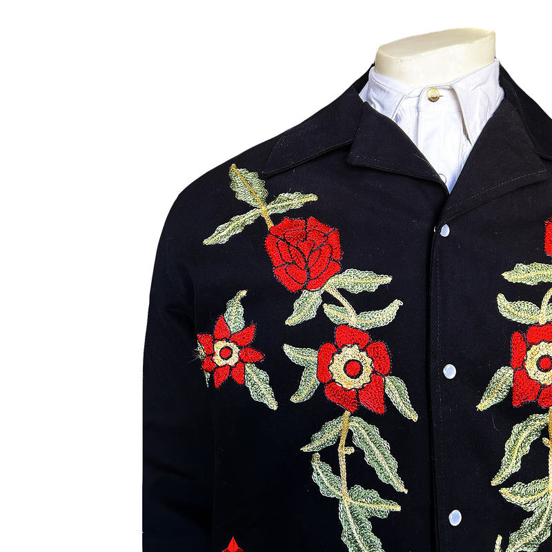 Men's Vintage Western Bolero Jacket with Red Floral Embroidery