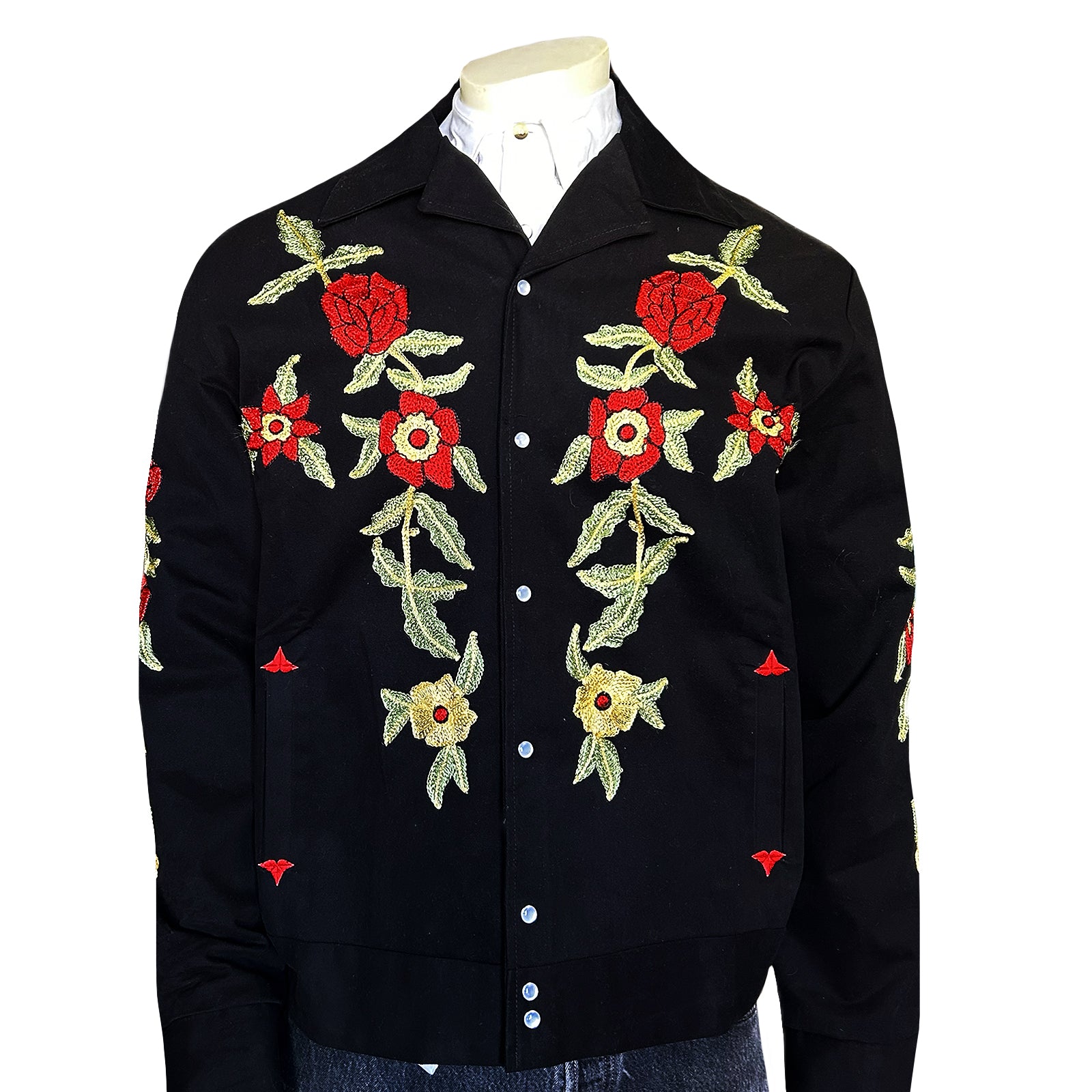Men's Vintage Western Bolero Jacket with Red Floral Embroidery