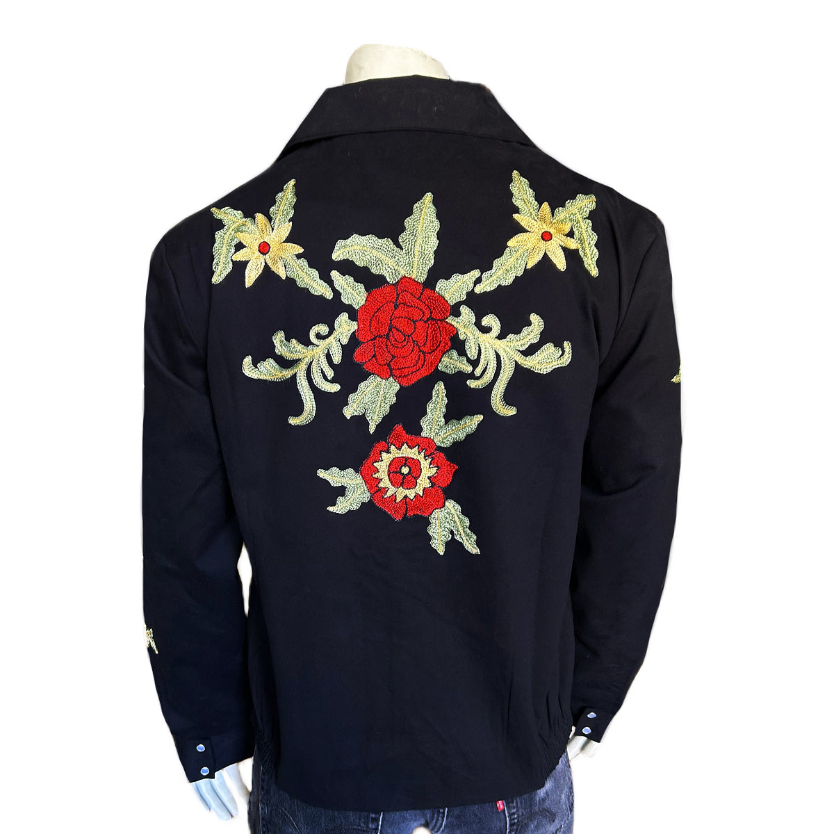 Men's Vintage Western Bolero Jacket with Red Floral Embroidery