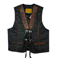 Men's Black Tooled Leather Vest with Conchos