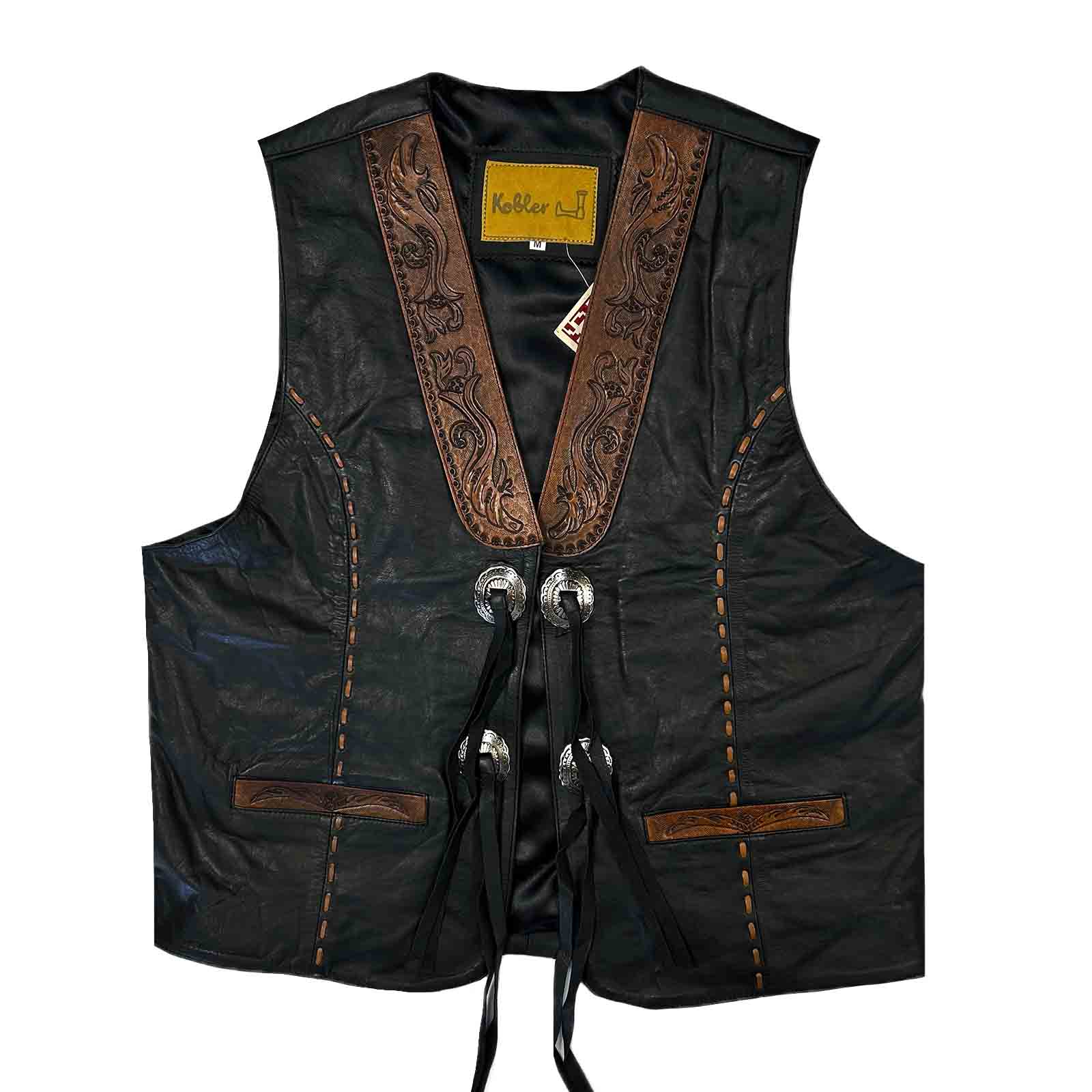 Men's Black Tooled Leather Vest with Conchos