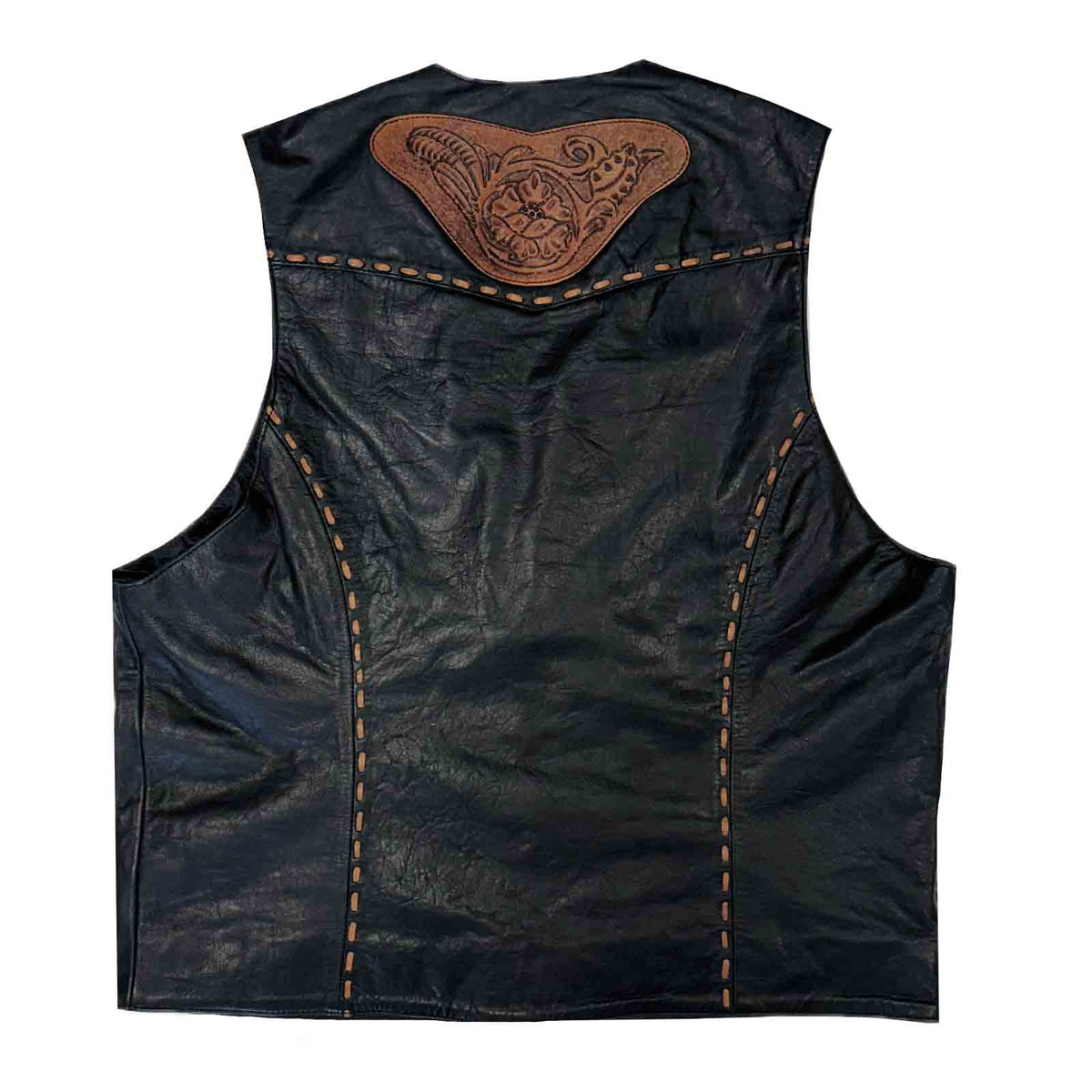 Men's Black Tooled Leather Vest with Conchos