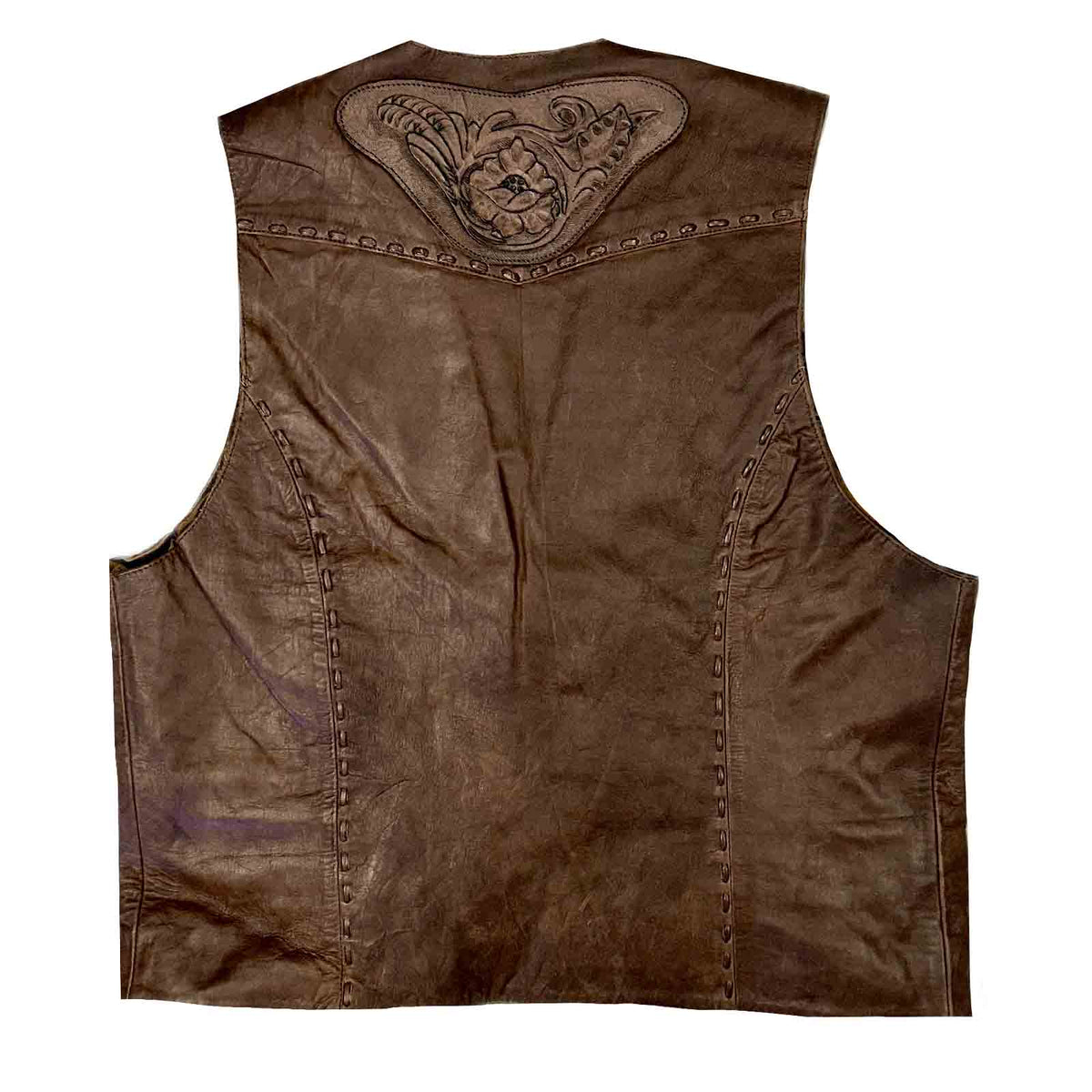 Men's Brown Leather Tooled Western Vest with Conchos