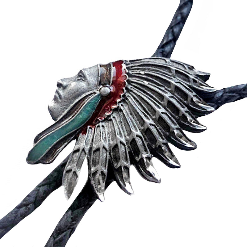 Pewter Indian Chief with Turquoise Western Bolo Tie