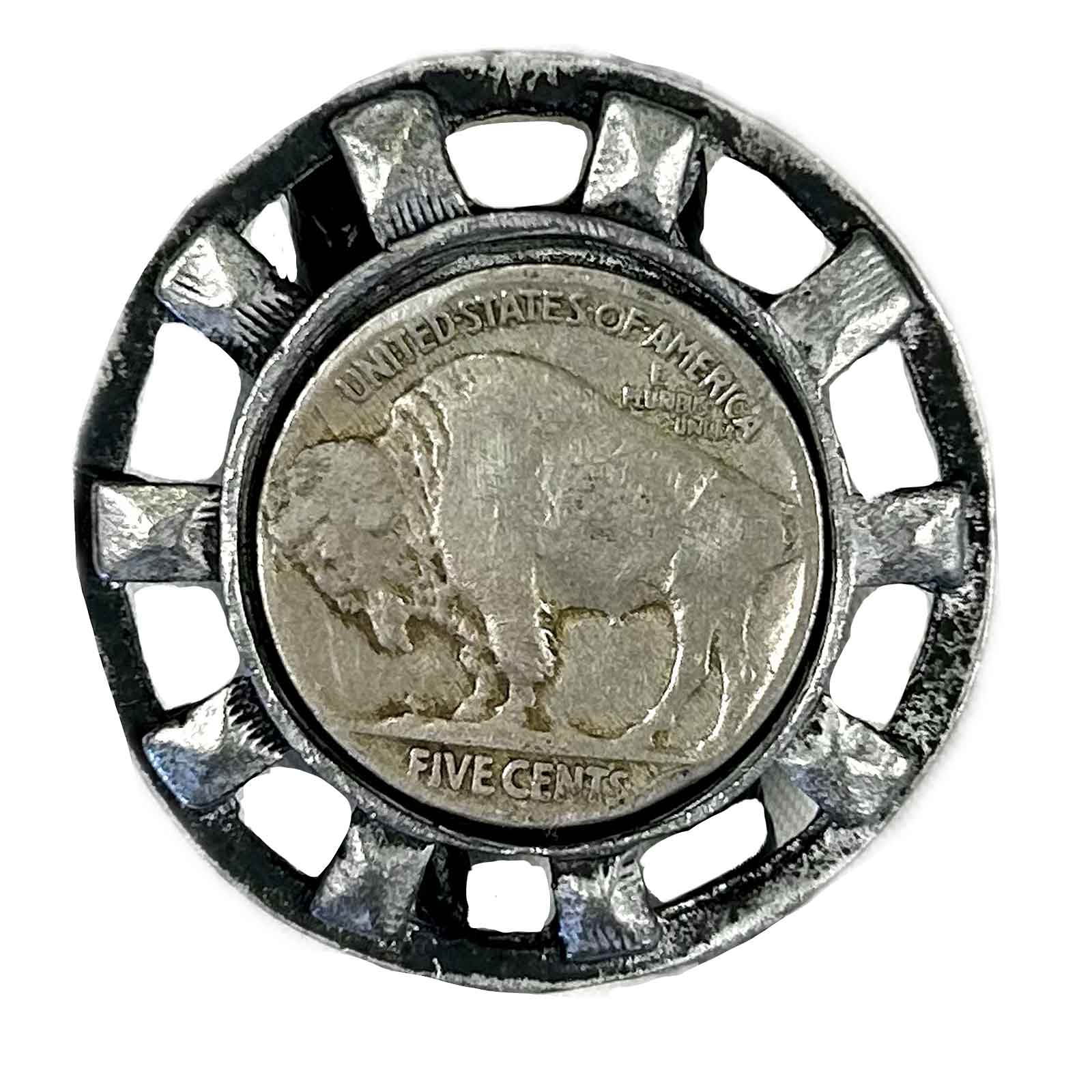 Silver Wagon Wheel with Genuine Buffalo Nickel Western Bolo Tie