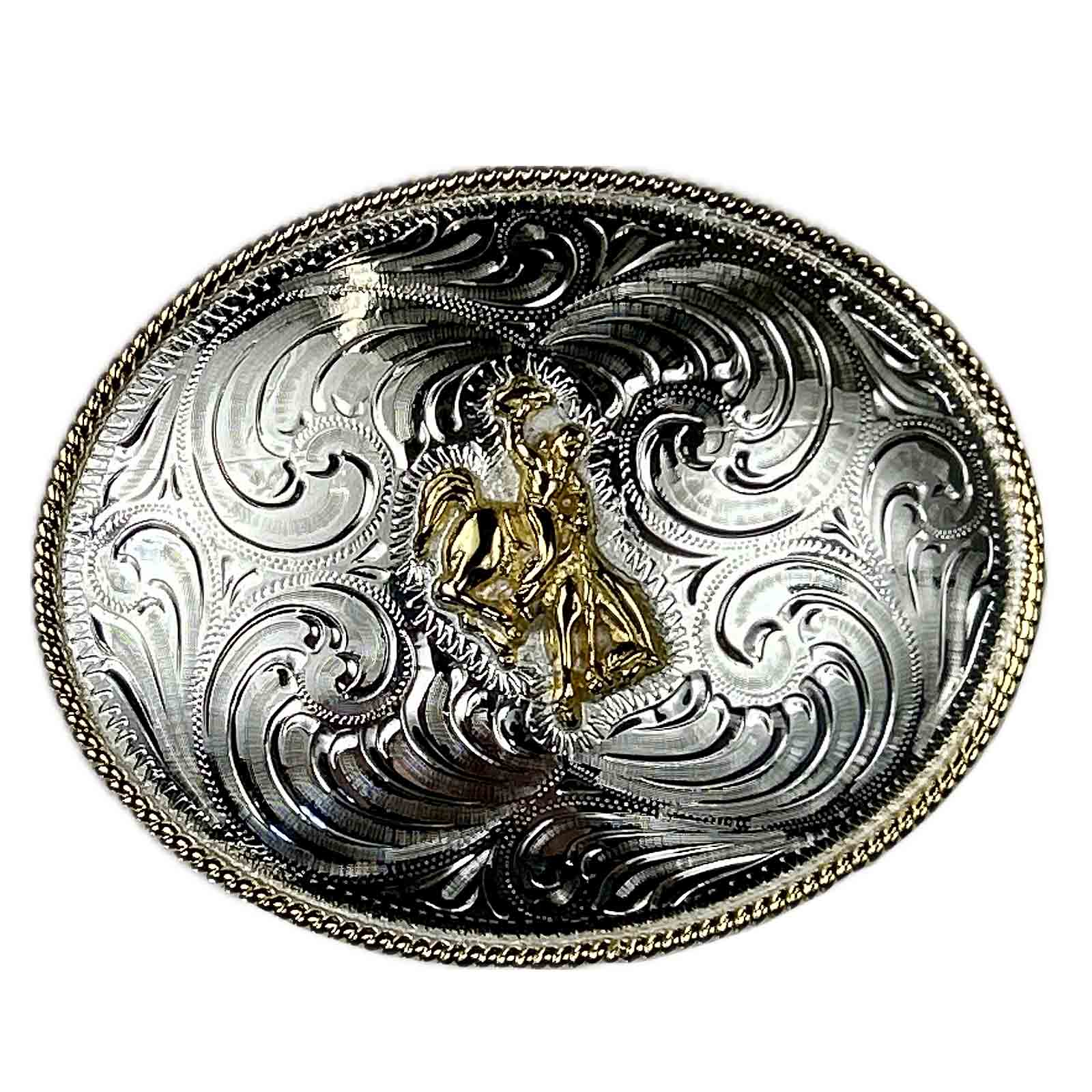 Engraved Sterling Silver Plate Bucking Bronco Western Belt Buckle