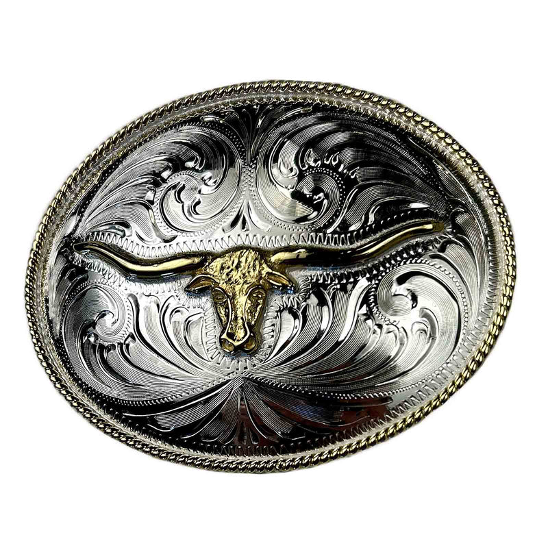 Engraved Sterling Silver Plate Steer Head Western Belt Buckle