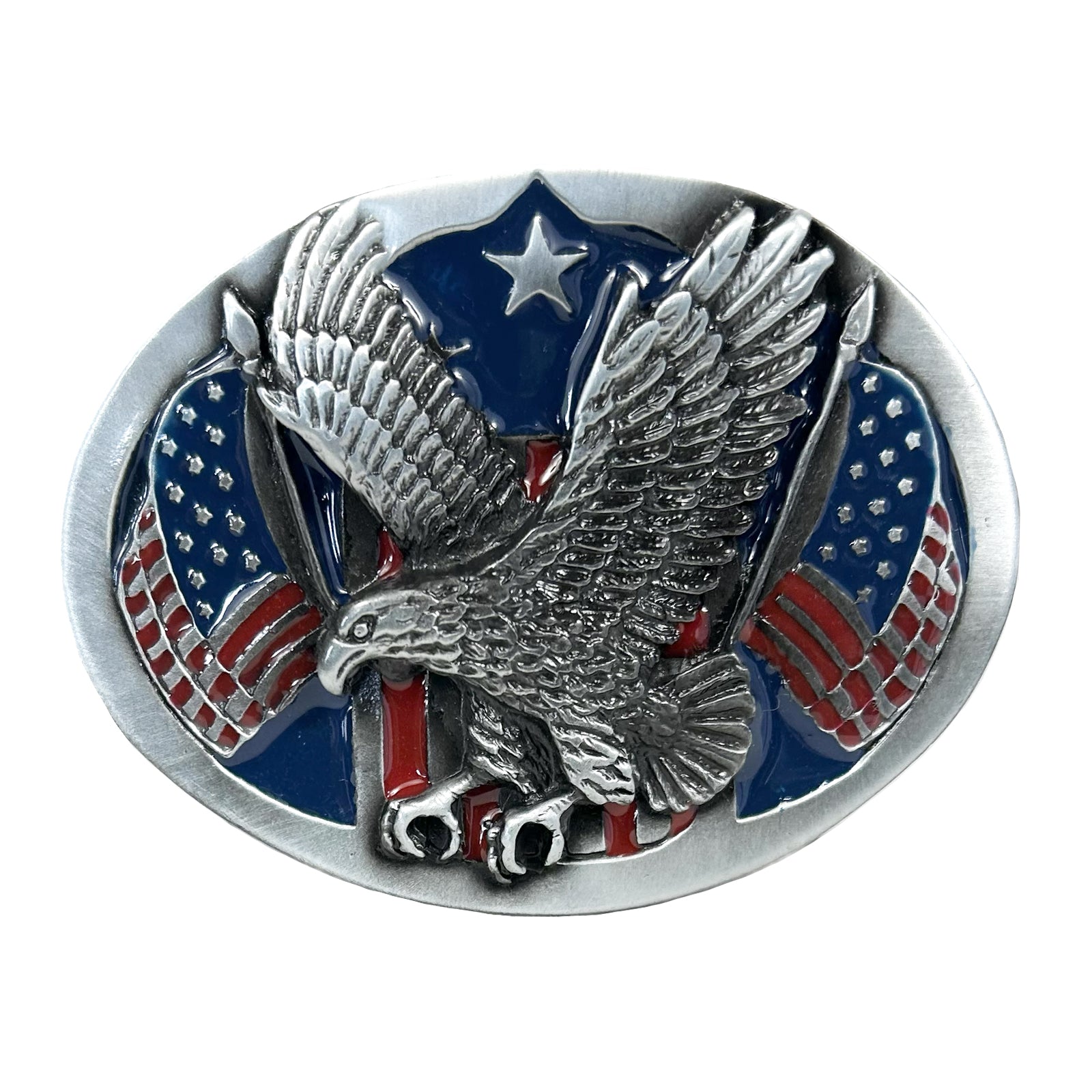 Pewter Western Belt Buckle with Eagle & Flags