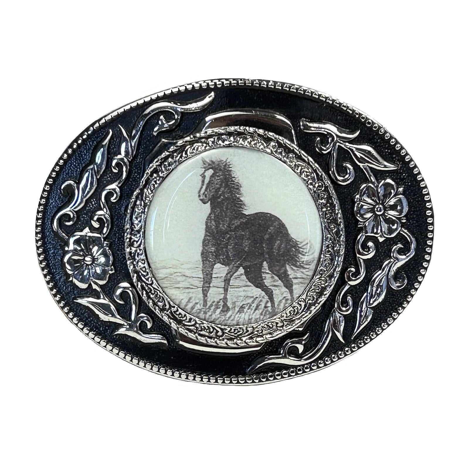 Mustang Silver & Black Western Belt Buckle