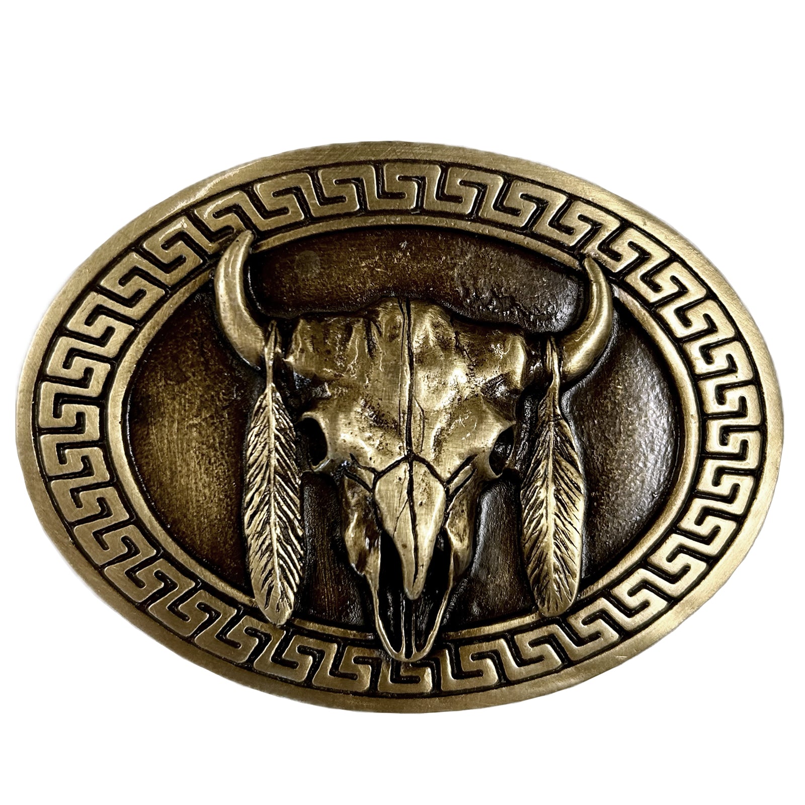 Steer Skull & Feathers Brass Western Belt Buckle