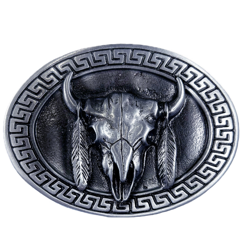 Steer Skull & Feathers Pewter Western Belt Buckle