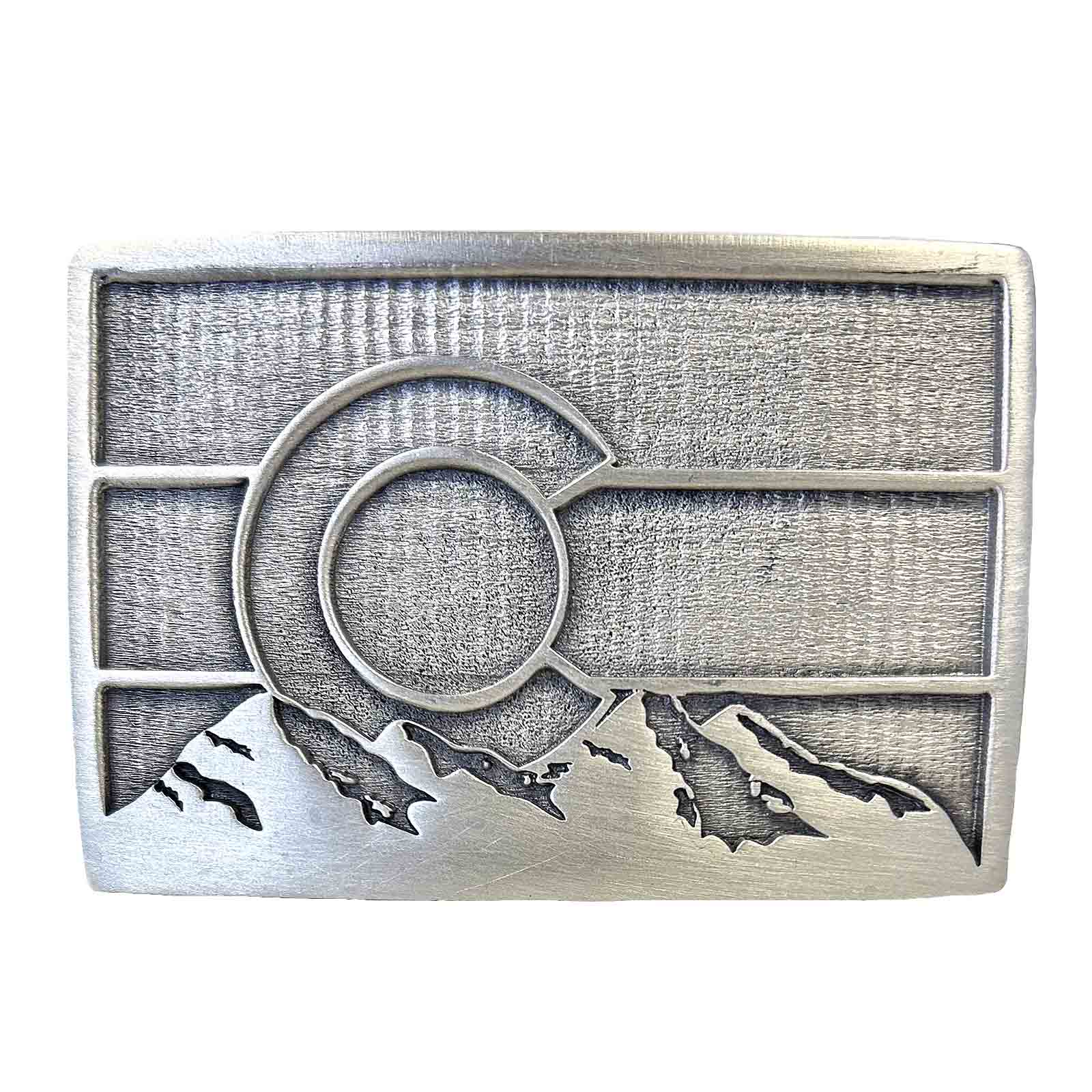 Pewter Colorado Flag Belt Buckle with Mountains – Rockmount
