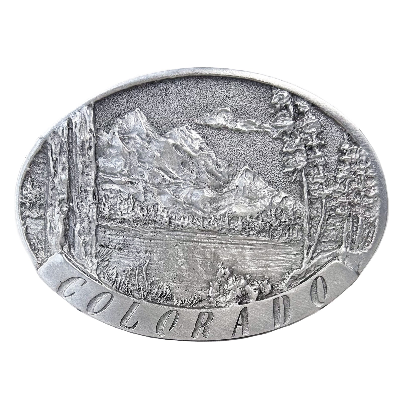 Pewter Western Belt Buckle with Colorado Mountains