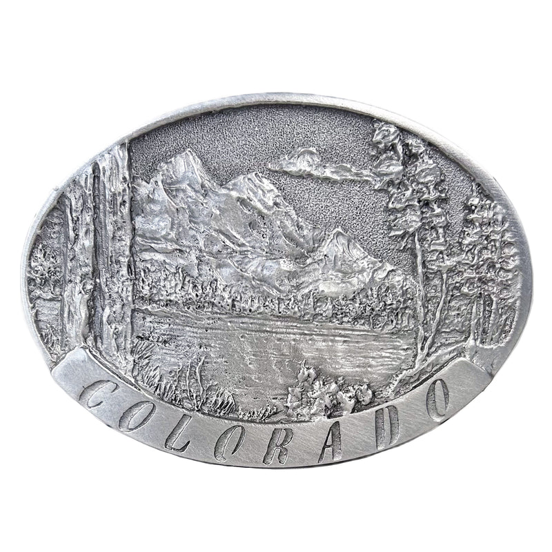 Pewter Western Belt Buckle with Colorado Mountains