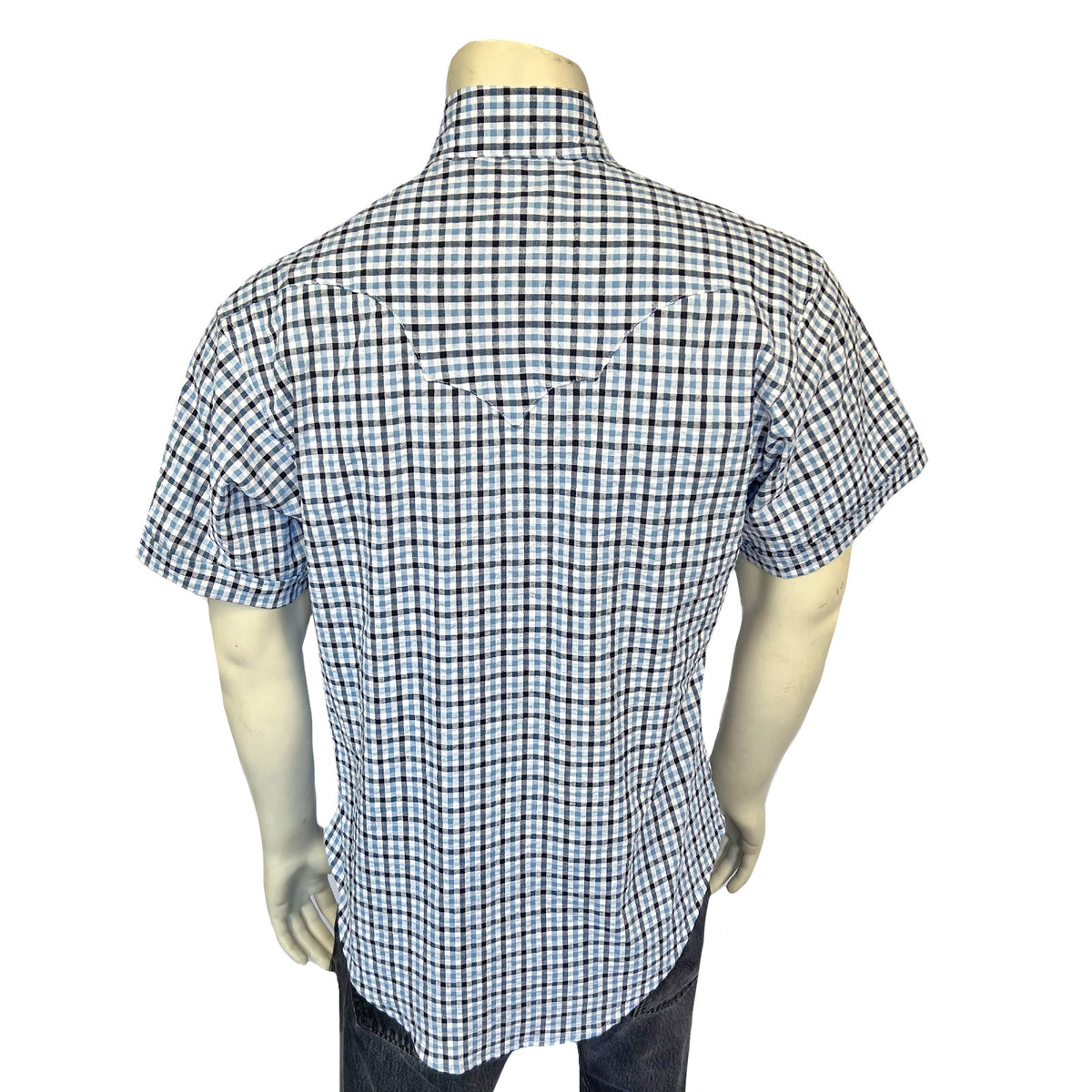 Men's Blue Seersucker Windowpane Check Short Sleeve Western Shirt