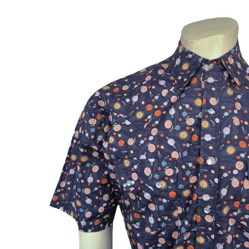 Men’s Solar System Short Sleeve Print Western Shirt in Navy