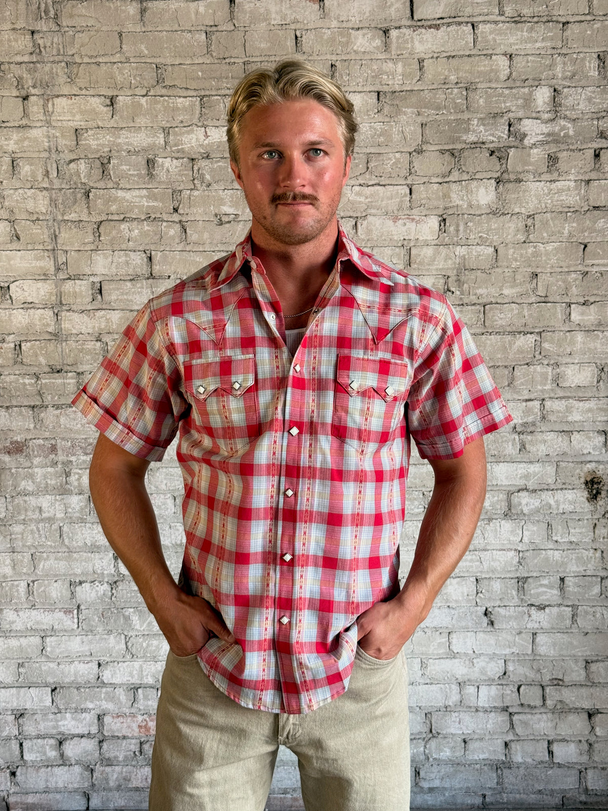 Men's Shadow Plaid Dobby Lurex Short Sleeve Western Shirt by Rockmount Ranch Wear in red plaid with sawtooth pocket