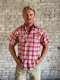 Men's Shadow Plaid Dobby Lurex Short Sleeve Western Shirt by Rockmount Ranch Wear in red plaid with sawtooth pocket