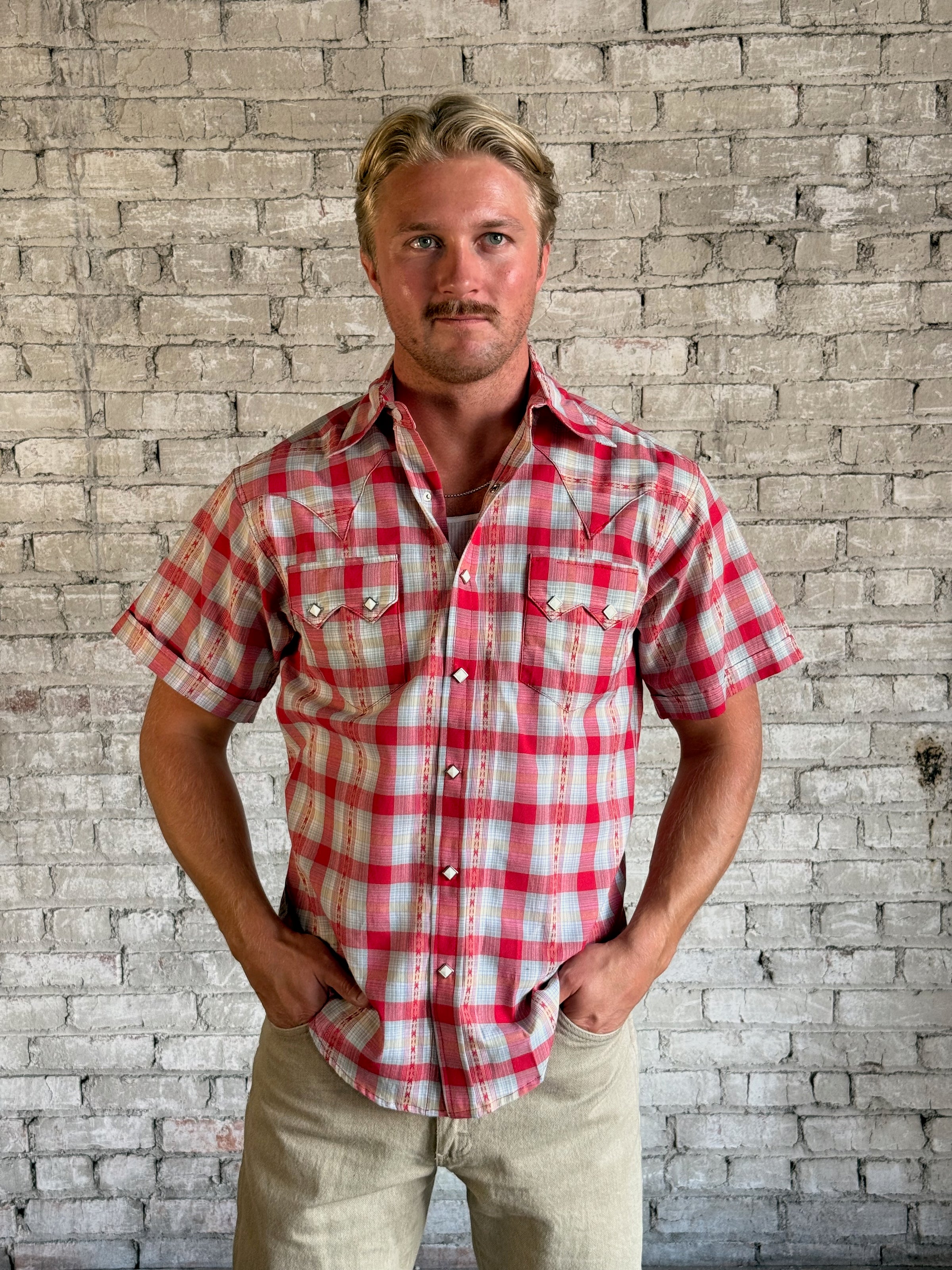 Men's Shadow Plaid Dobby Lurex Short Sleeve Western Shirt by Rockmount Ranch Wear in red plaid with sawtooth pocket