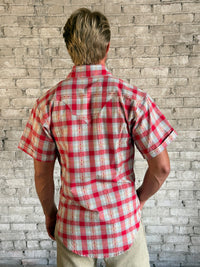 Men's Shadow Plaid Dobby Lurex Short Sleeve Western Shirt by Rockmount Ranch Wear in red plaid with sawtooth pockets