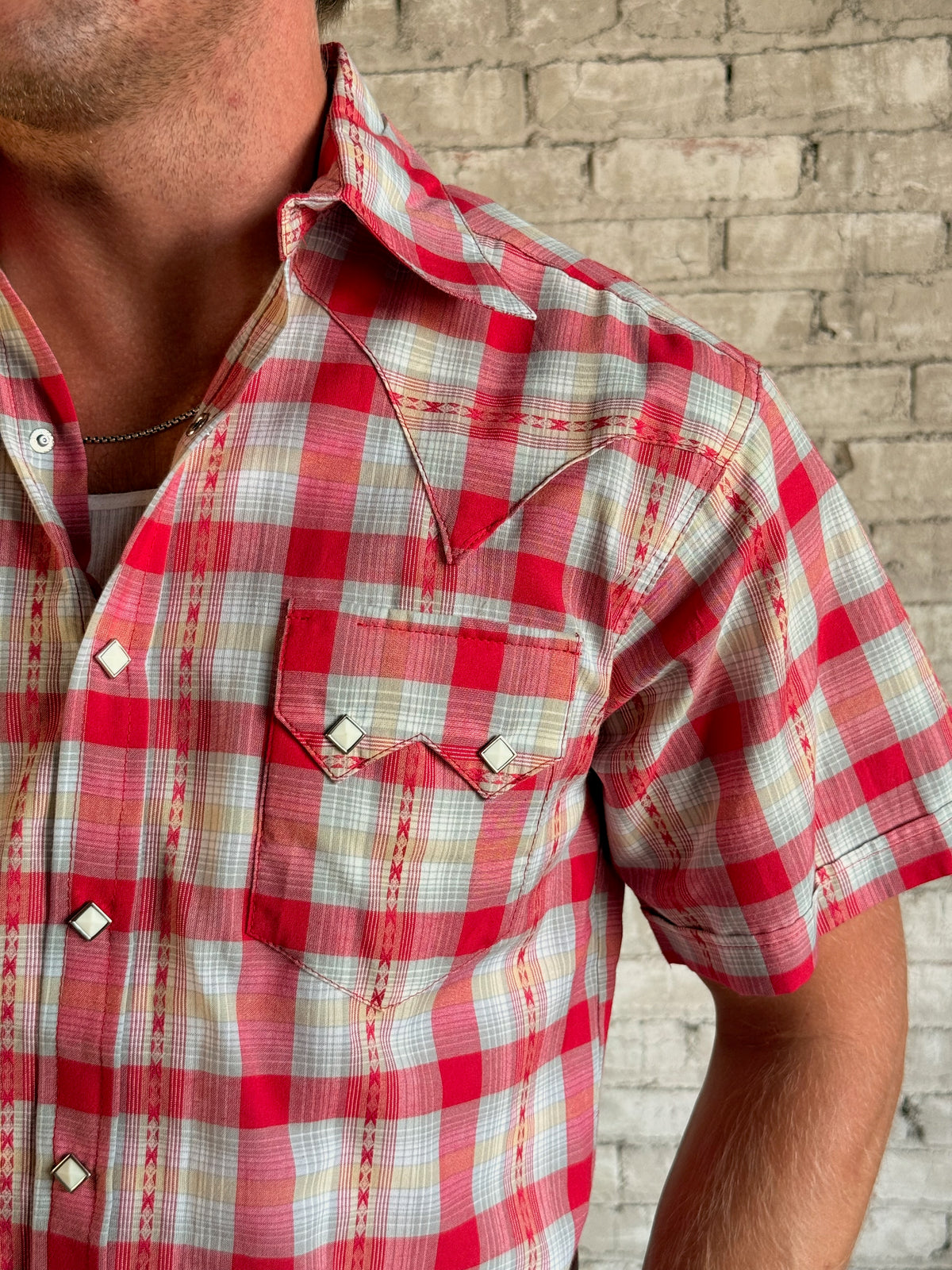Men's Shadow Plaid Dobby Lurex Short Sleeve Western Shirt by Rockmount Ranch Wear in red plaid with sawtooth pockets