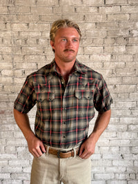 Men's Short Sleeve Shadow Plaid Dobby Lurex Western Shirt in Black by Rockmount Ranch Wear, plaid dobby weave