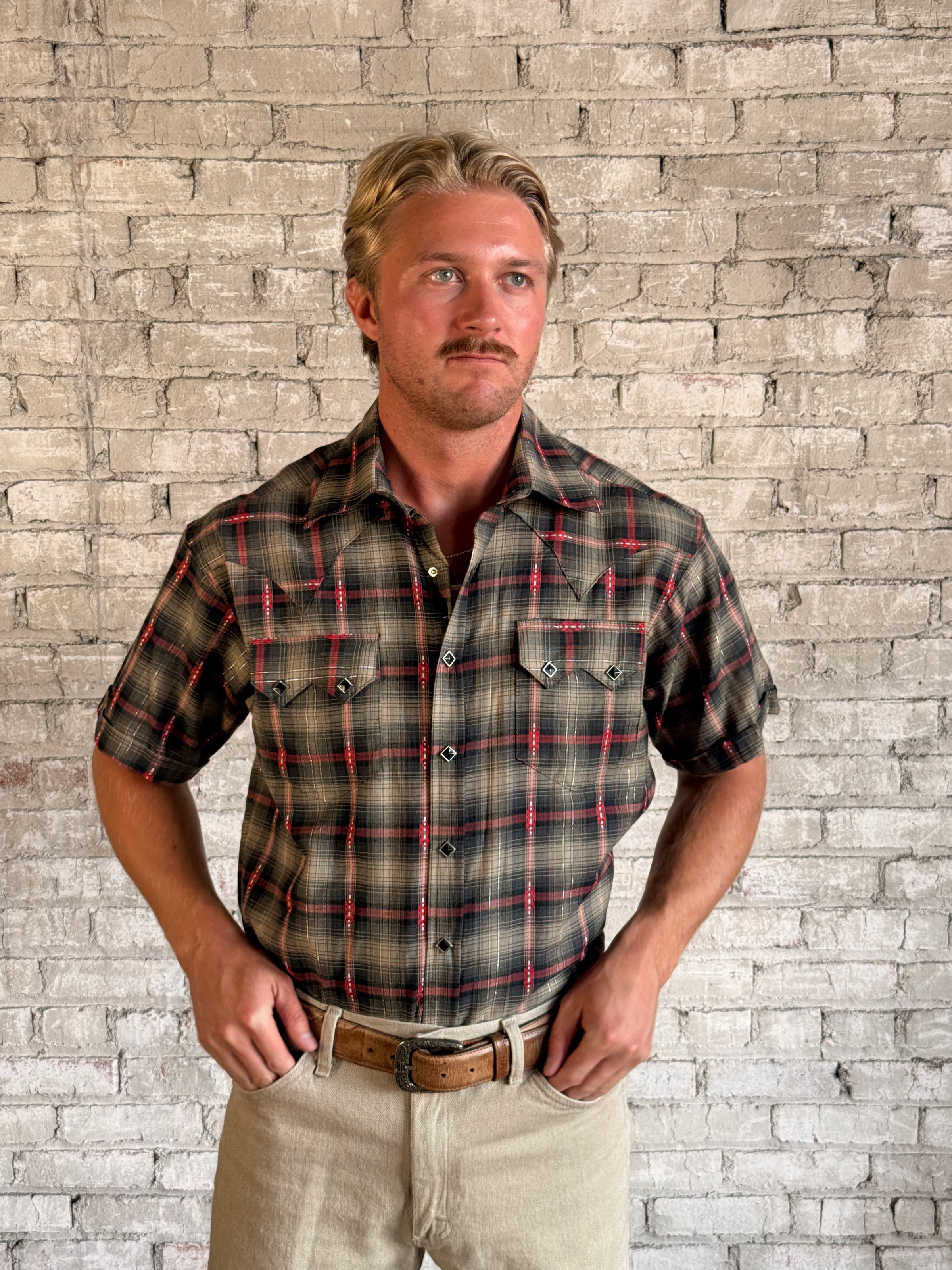 Men's Short Sleeve Shadow Plaid Dobby Lurex Western Shirt in Black by Rockmount Ranch Wear, plaid dobby weave