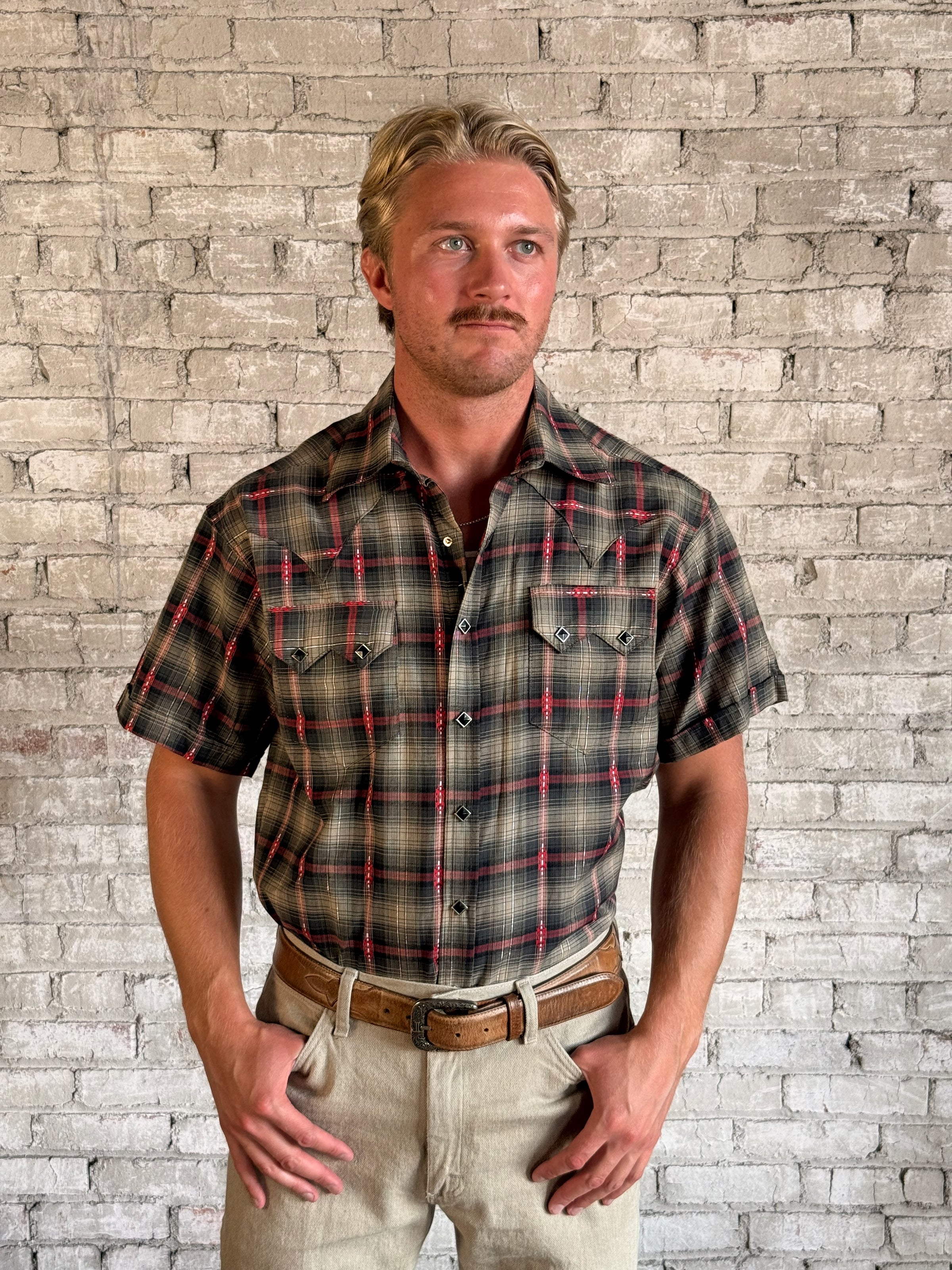Men's Short Sleeve Shadow Plaid Dobby Lurex Western Shirt in Black, Rockmount Ranch Wear, plaid dobby weave