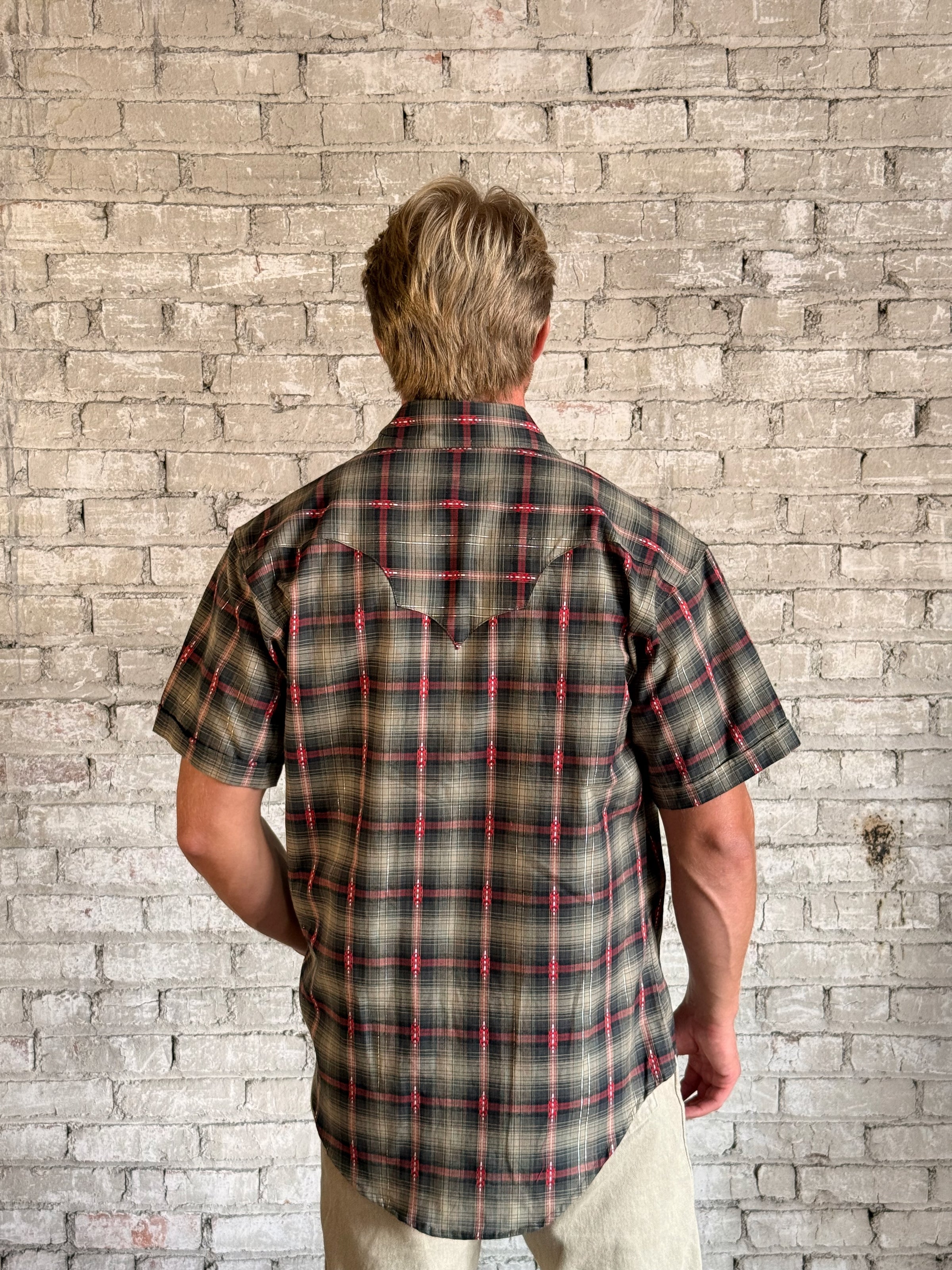 Men's Short Sleeve Shadow Plaid Dobby Lurex Western Shirt in black by Rockmount Ranch Wear, plaid western shirt